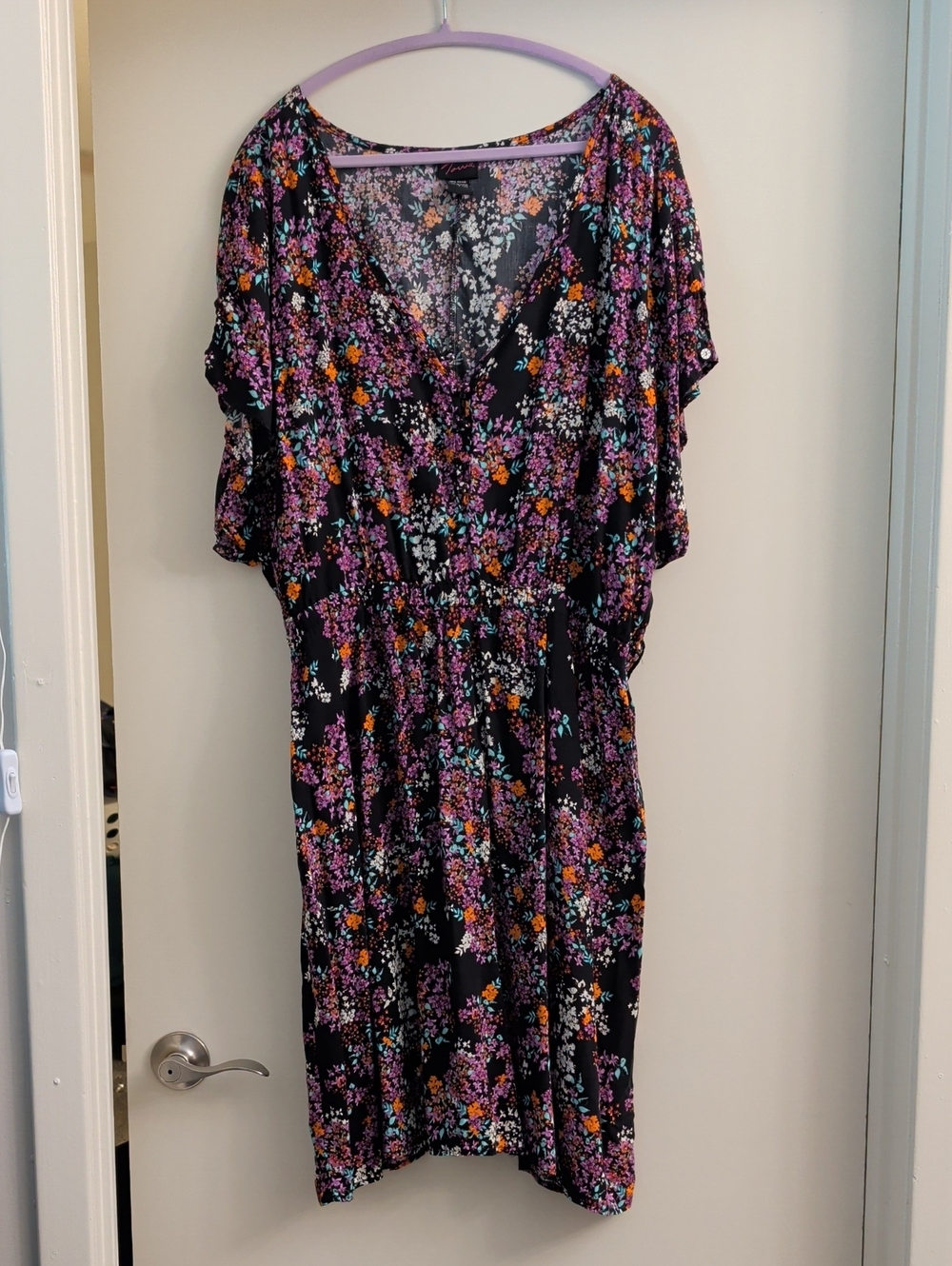 Torrid Black Midi Dress with Purple, Orange & Aqua Floral Print